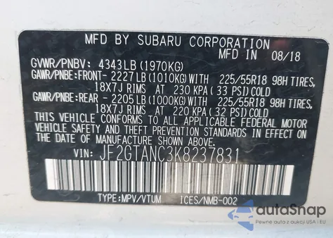 2019 Subaru Crosstrek 2.0I Limited из США, поврежденный, VIN JF2GTANC3K8237831